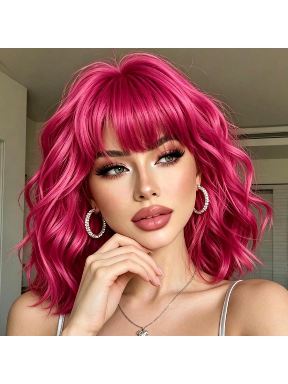 14Inch Women's Hot Pink Short Bob Shoulder Length Wavy Synthetic Wigs With Bangs